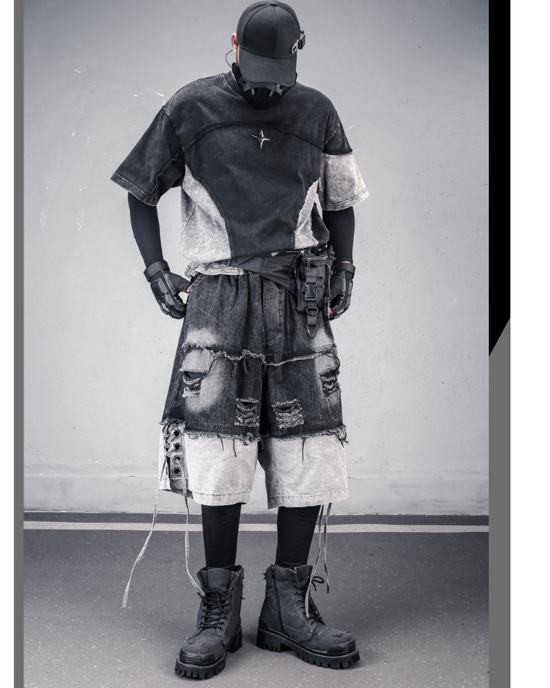 High-Street Wasteland Ripped Hem Washed Denim Shorts