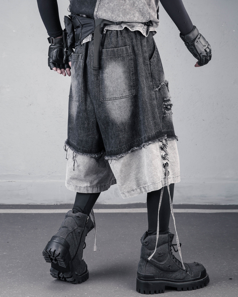 High-Street Wasteland Ripped Hem Washed Denim Shorts