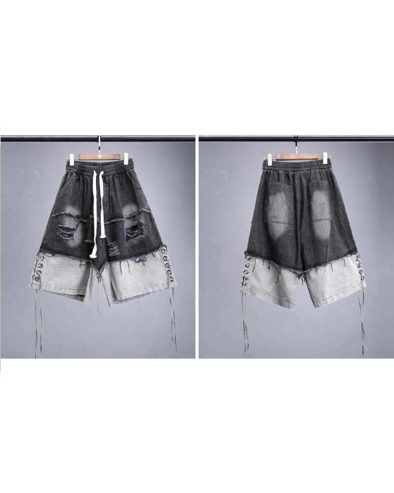High-Street Wasteland Ripped Hem Washed Denim Shorts
