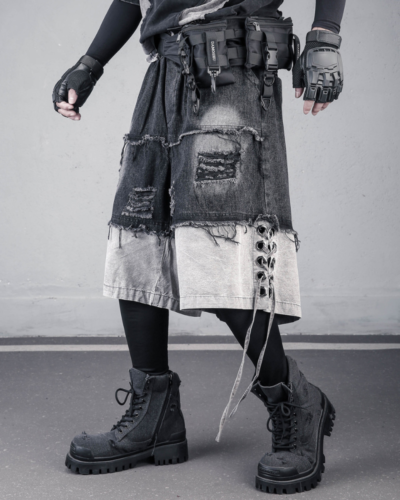 High-Street Wasteland Ripped Hem Washed Denim Shorts