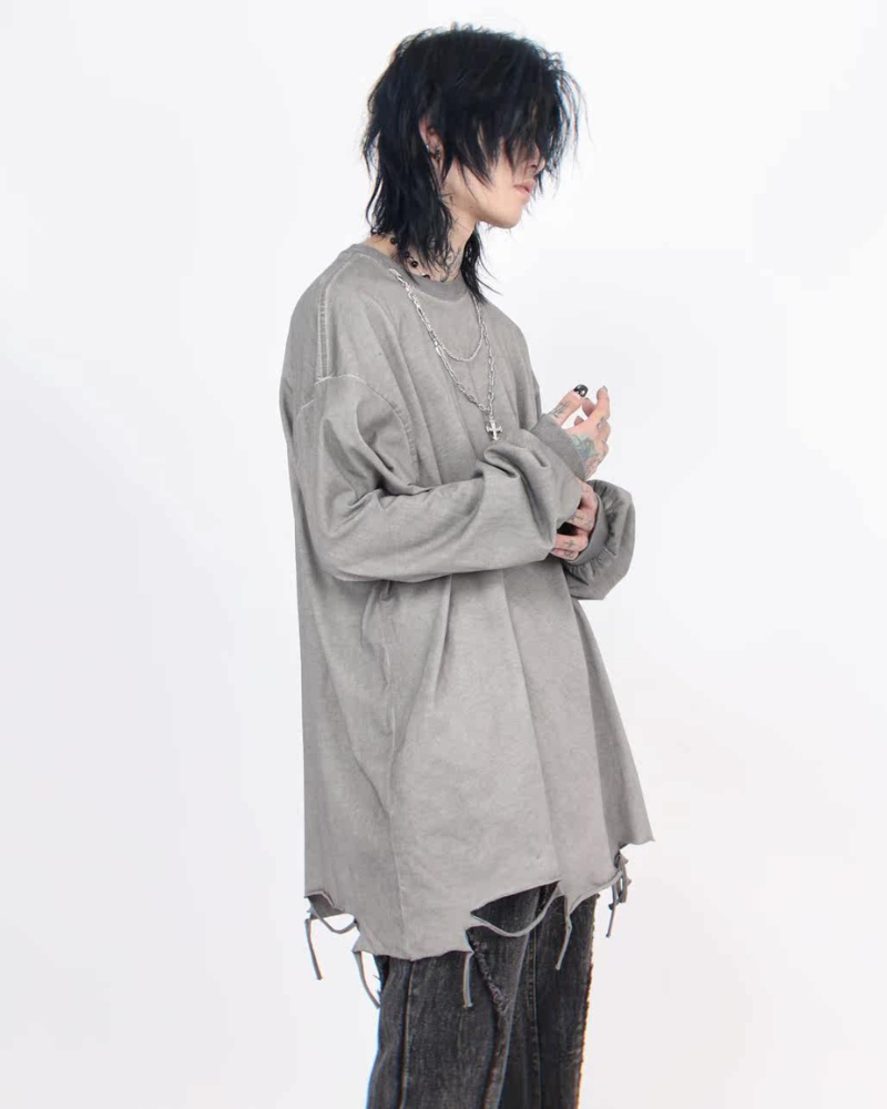 High Street Distressed Raw-Hem Long-Sleeve T-Shirt