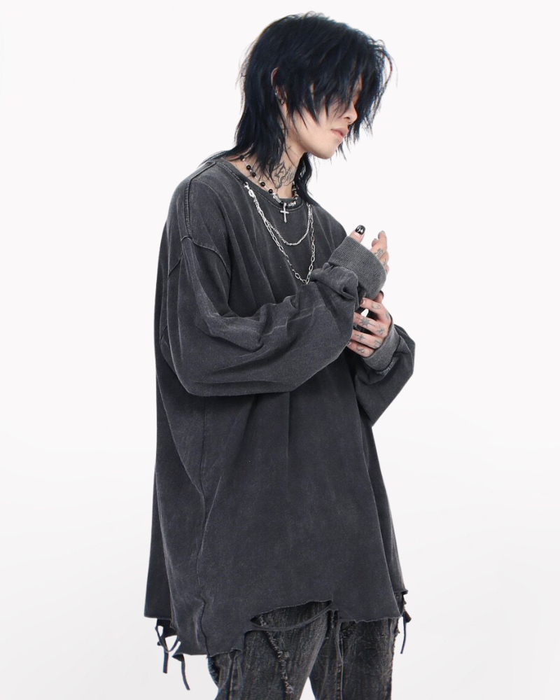 High Street Distressed Raw-Hem Long-Sleeve T-Shirt