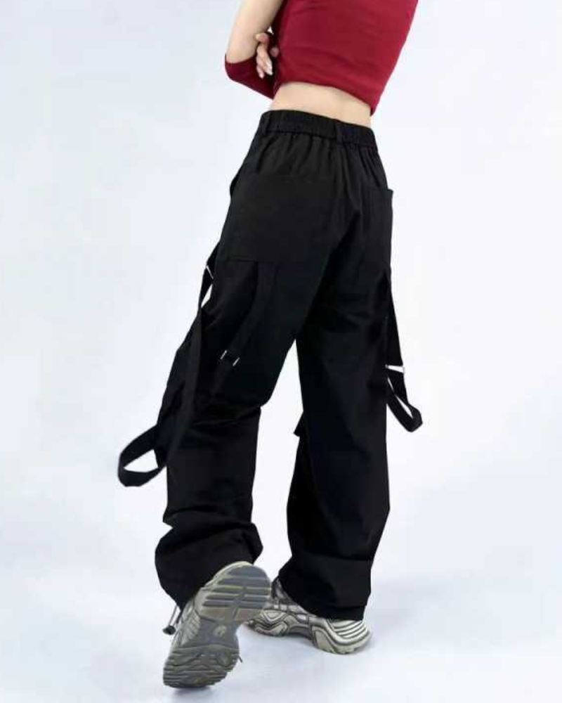Hip-Hop Women Ribbon Wide-Leg Cargo Pants