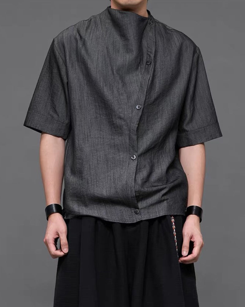 Japanese Unisex Irregular Draped Collar Half Sleeve Shirt