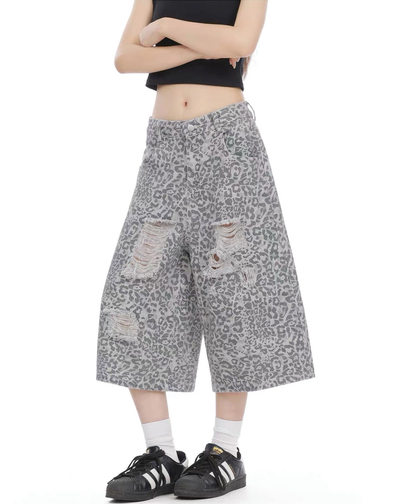 Unisex Vintage Distressed Leopard Baggy Jorts