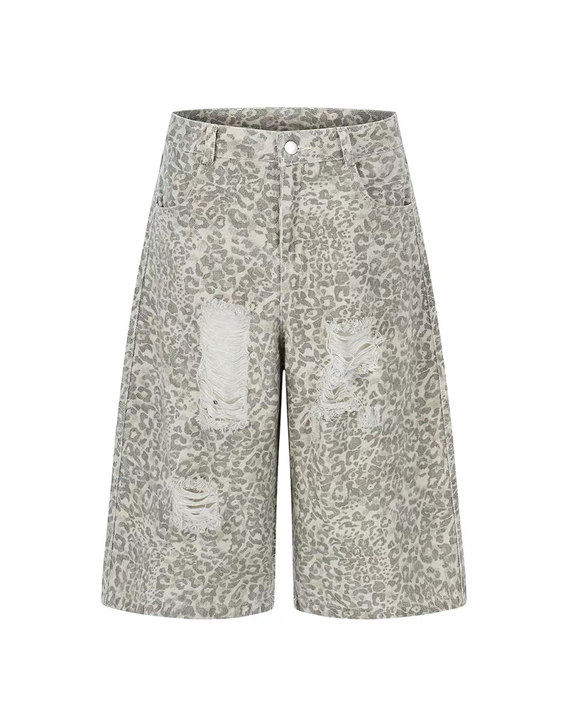 Unisex Vintage Distressed Leopard Baggy Jorts