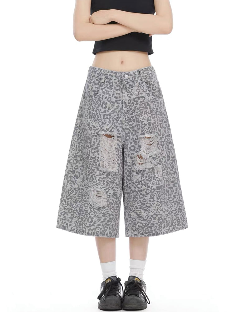 Unisex Vintage Distressed Leopard Baggy Jorts