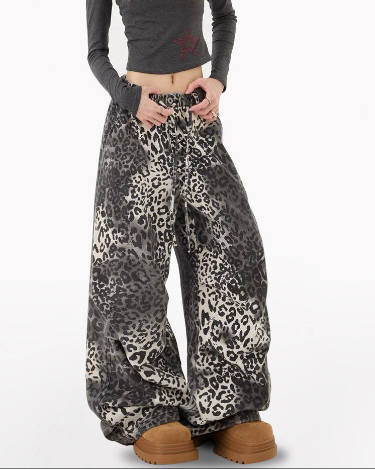 Streetwear Loose Fit Wide-Leg Leopard Jeans
