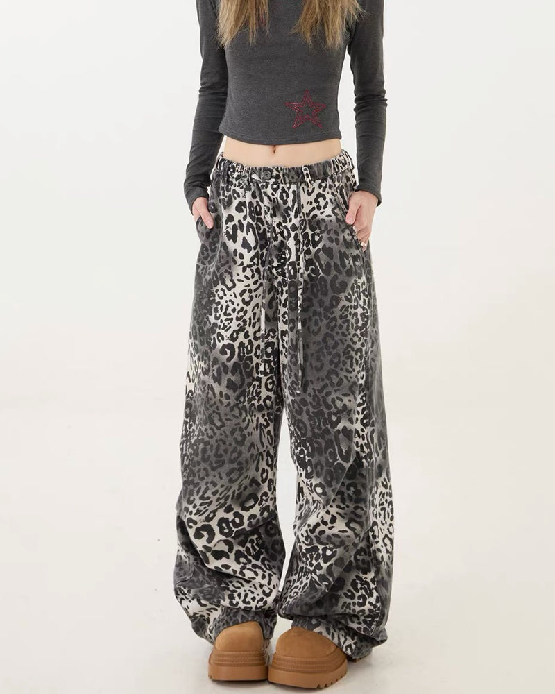 Streetwear Loose Fit Wide-Leg Leopard Jeans