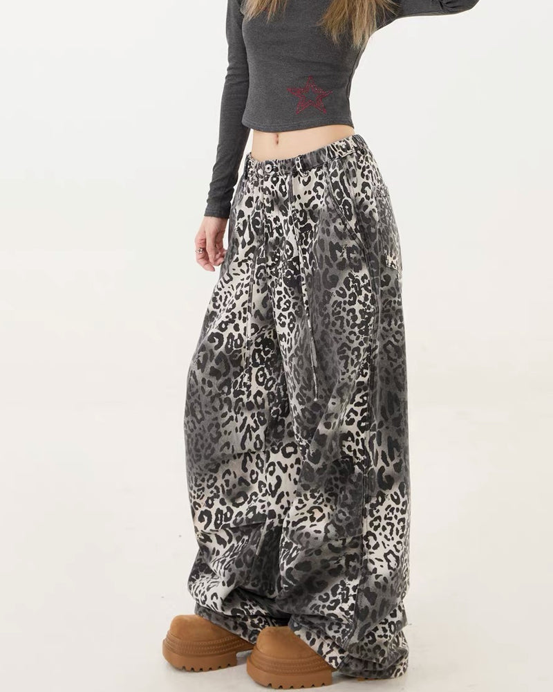 Streetwear Loose Fit Wide-Leg Leopard Jeans