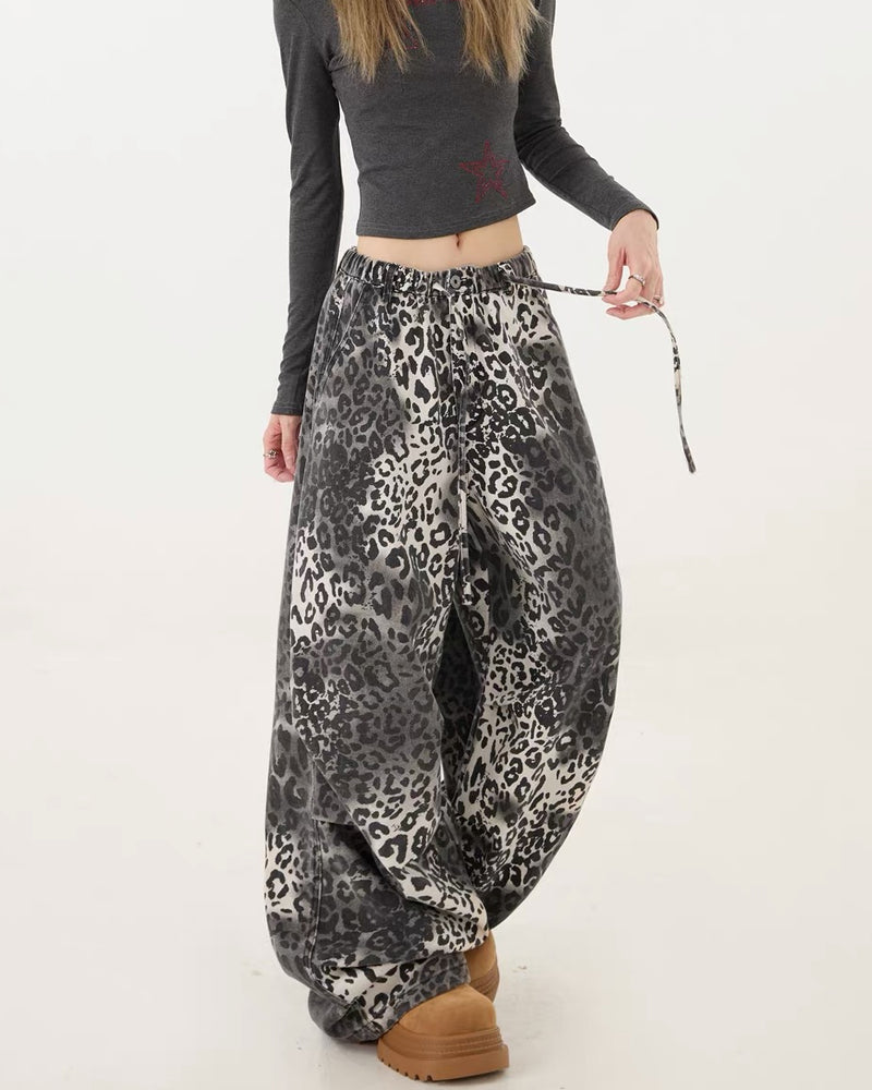 Streetwear Loose Fit Wide-Leg Leopard Jeans