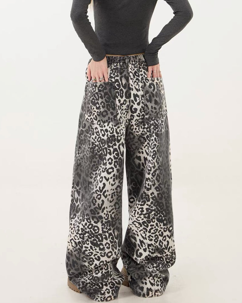 Streetwear Loose Fit Wide-Leg Leopard Jeans