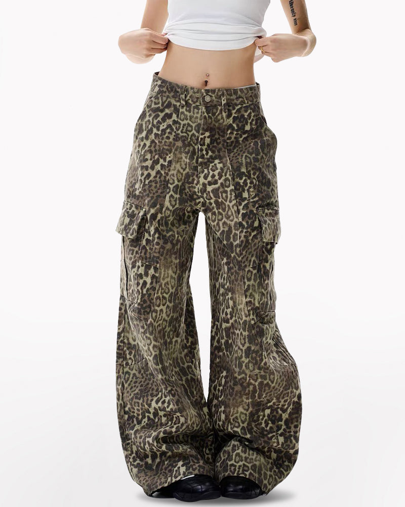 Vintage Baggy Unisex Leopard Print Cargo Jeans