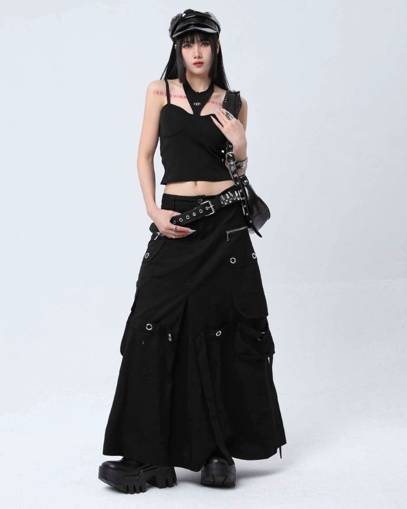 Metal Button Pockets Maxi Cargo Skirt