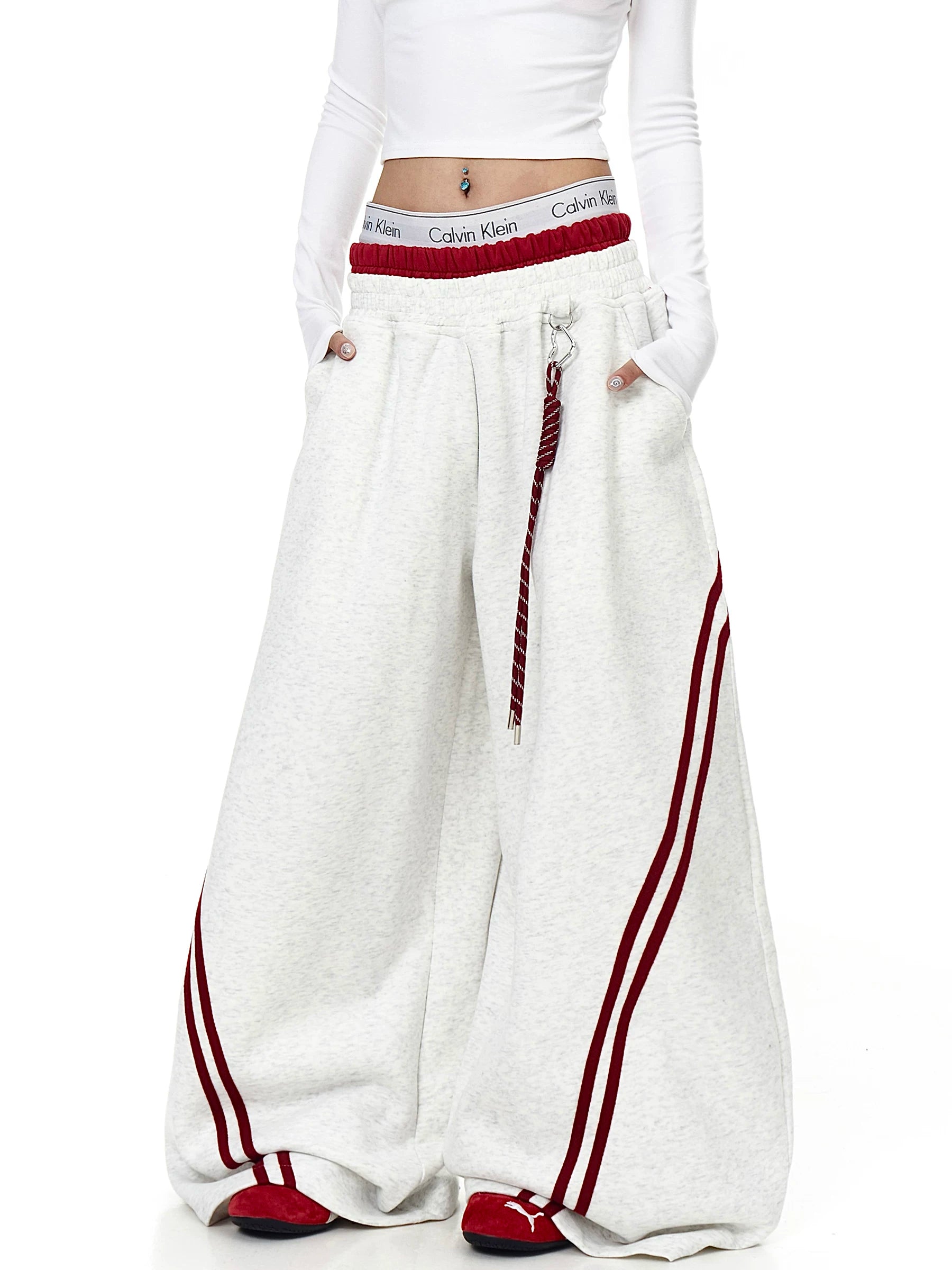 Gray double-waist striped wide-leg sweatpants with pockets - Techwearofficial