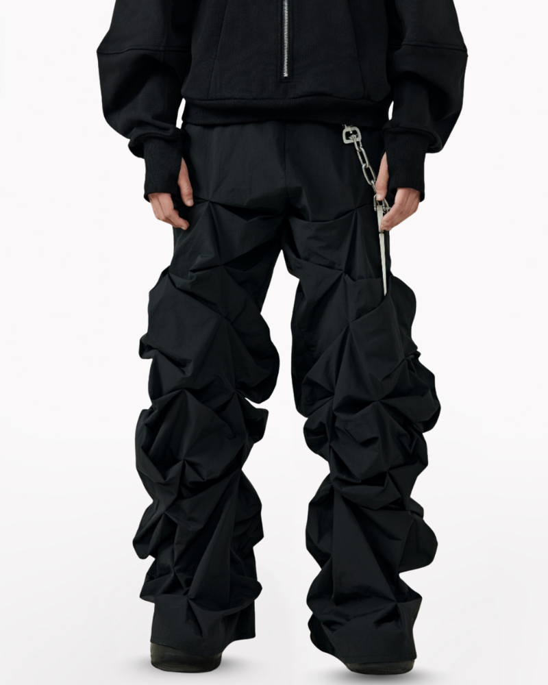 Opium Style 3D Sculpted Pleated Black Wide-Leg Pants