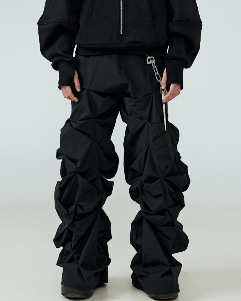 Opium Style 3D Sculpted Pleated Black Wide-Leg Pants