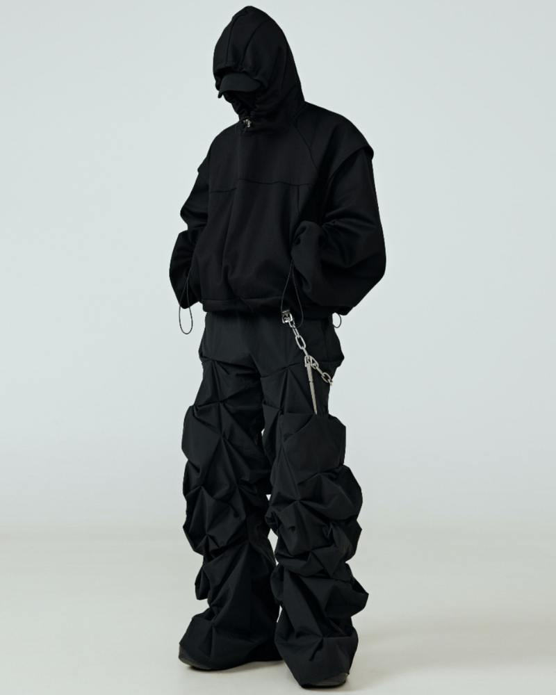 Opium Style 3D Sculpted Pleated Black Wide-Leg Pants