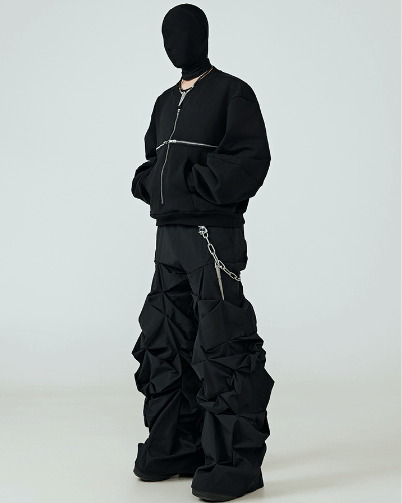 Opium Style 3D Sculpted Pleated Black Wide-Leg Pants