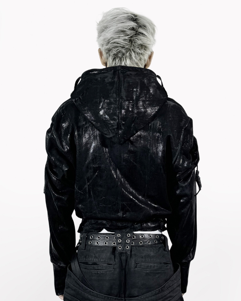 Opium Style Dark Waxed Metal–Effect Hooded Jacket