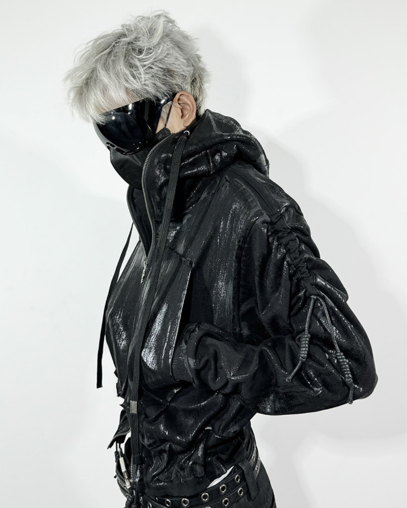 Opium Style Dark Waxed Metal–Effect Hooded Jacket