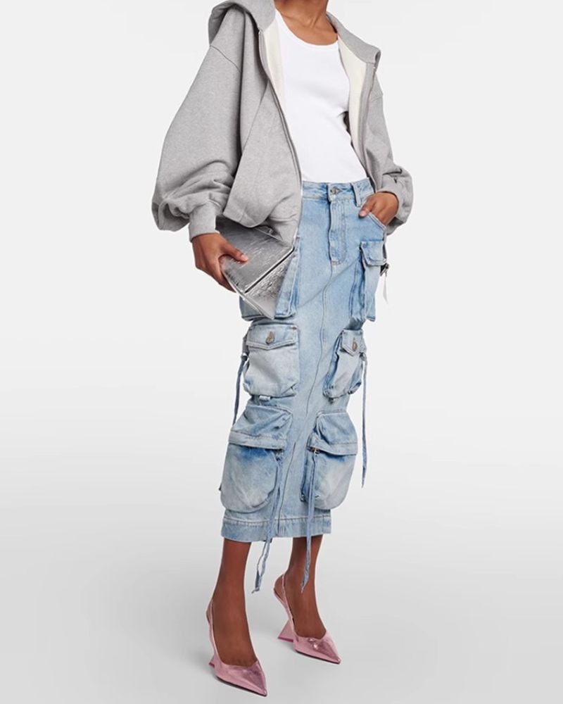 Oversize Pockets Denim Long Cargo Skirt