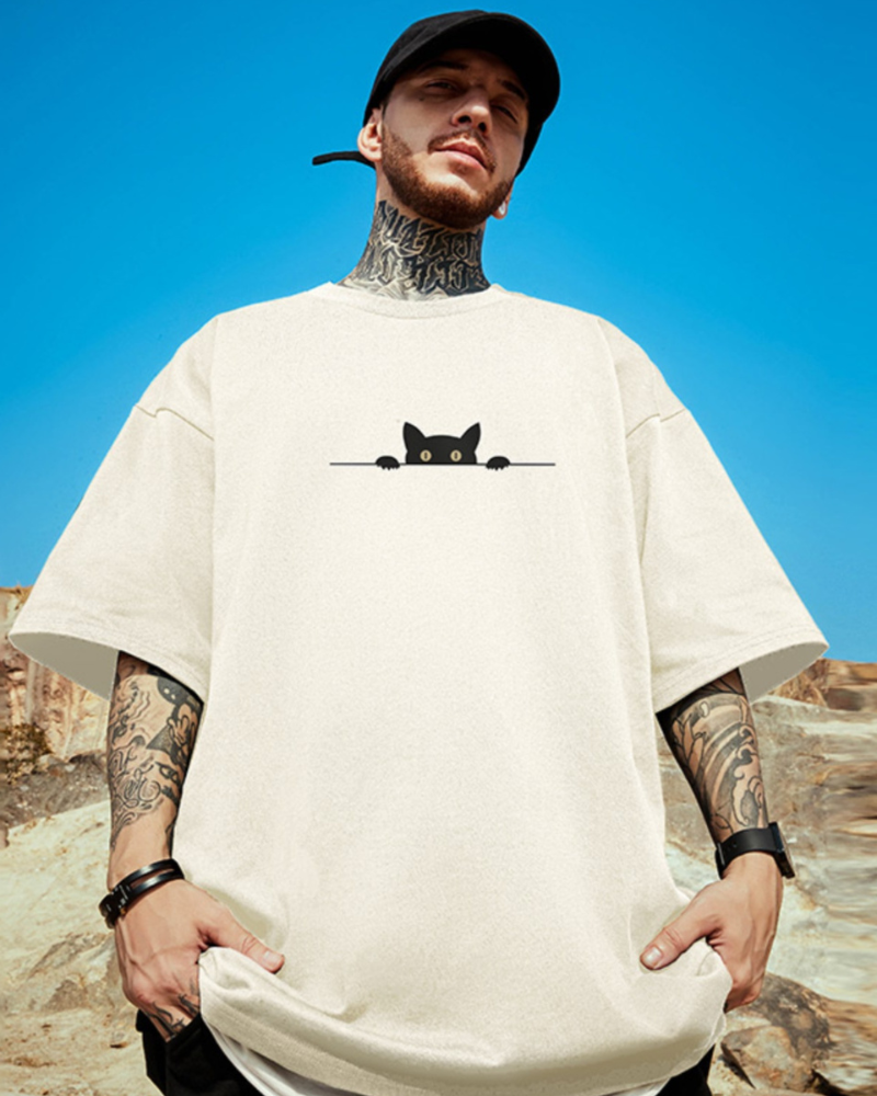 Oversize Streetwear Hide Cat Graphic T-Shirt