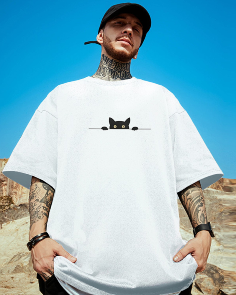 Oversize Streetwear Hide Cat Graphic T-Shirt