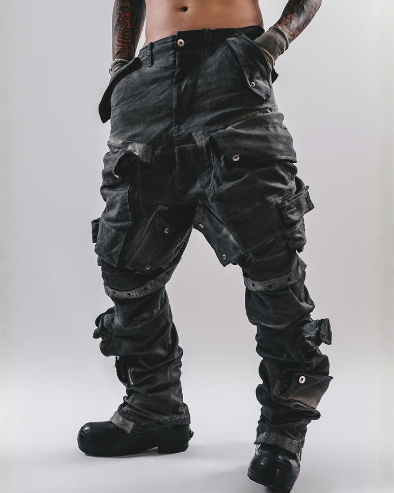 Post-Apocalyptic 3D Arc-Studded Distressed Cargo Pants