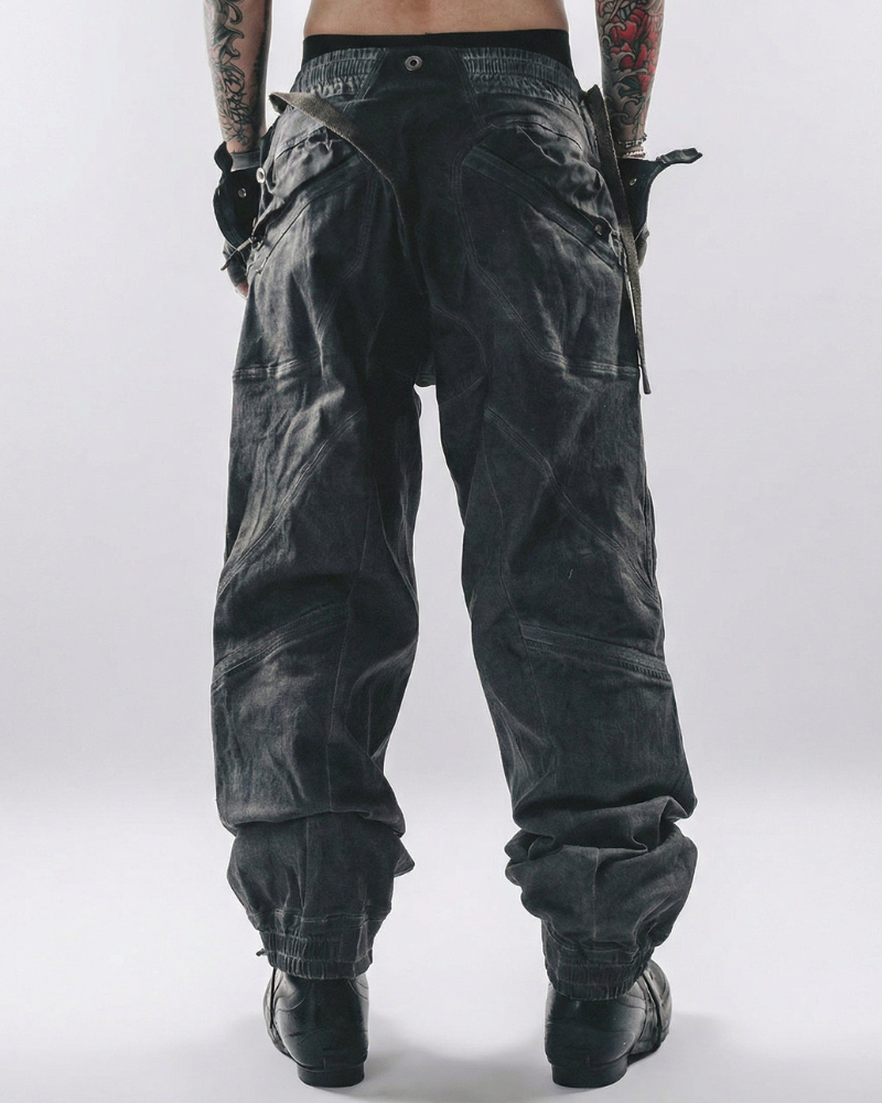 Post-Apocalyptic Washed 3D Panel Multi-Pocket Cargo Pants