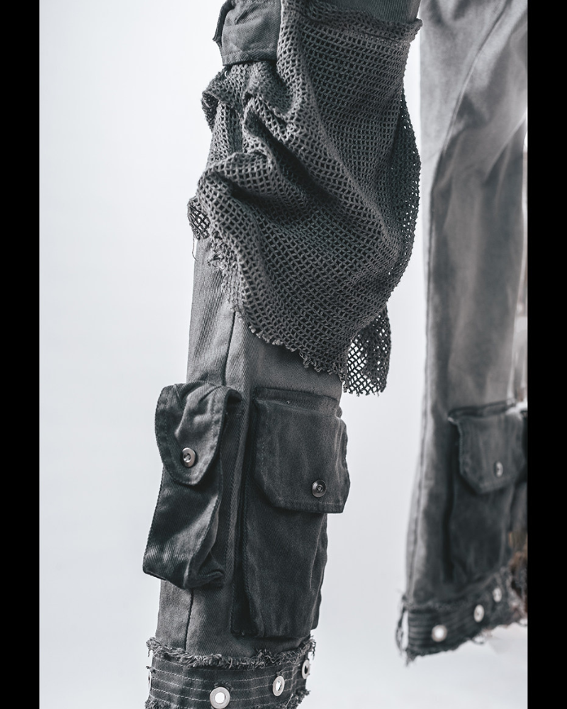 Post-Apocalyptic Washed Asymmetrical Multi-Pocket Flare Cargo Pants