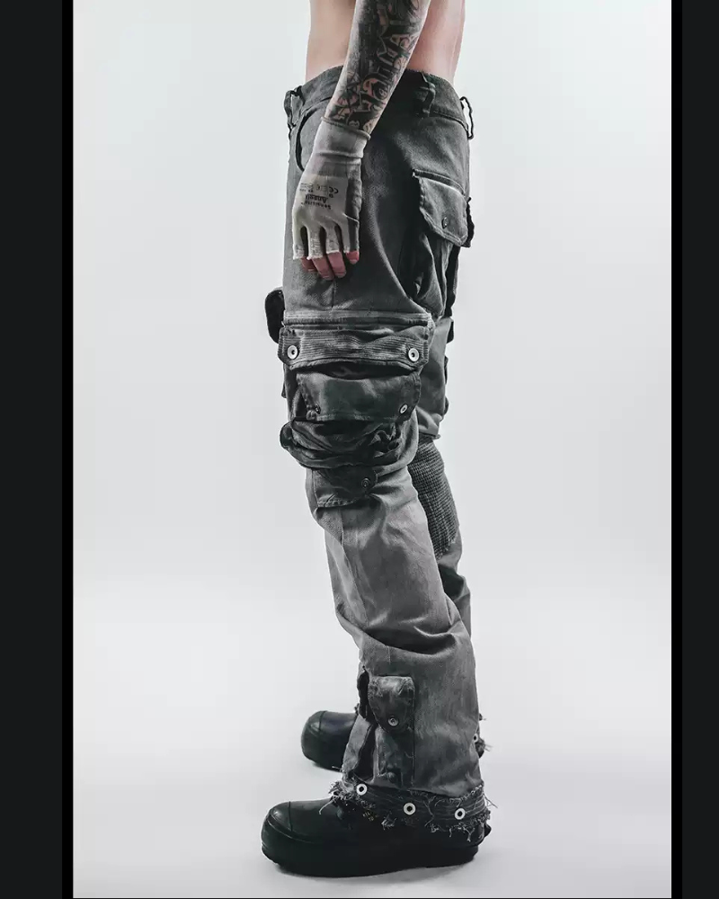 Post-Apocalyptic Washed Asymmetrical Multi-Pocket Flare Cargo Pants