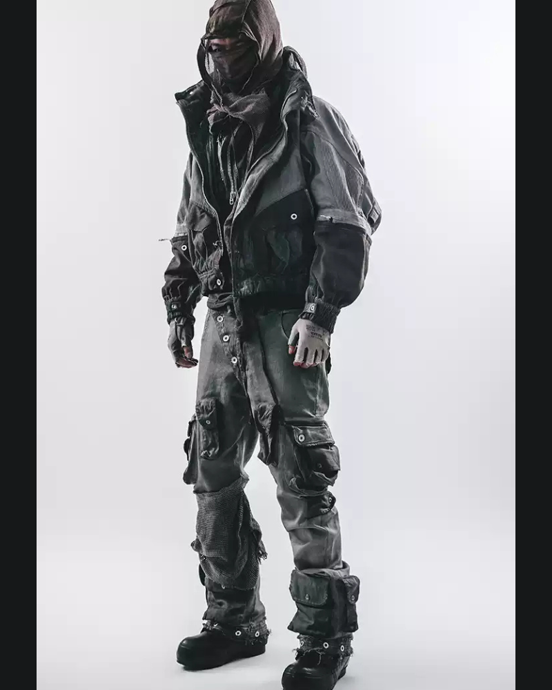 Post-Apocalyptic Washed Asymmetrical Multi-Pocket Flare Cargo Pants