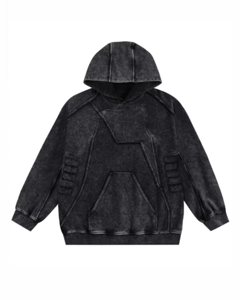 Post-Apocalyptic Geometric Panel Split Distressed Hoodie