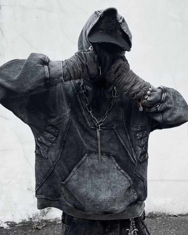 Post-Apocalyptic Geometric Panel Split Distressed Hoodie