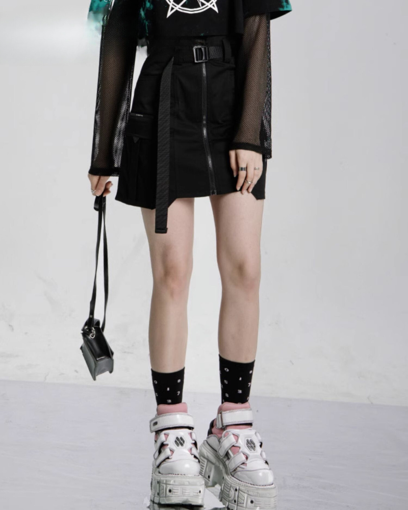 Punk High Waist Cargo Plaid Skirt