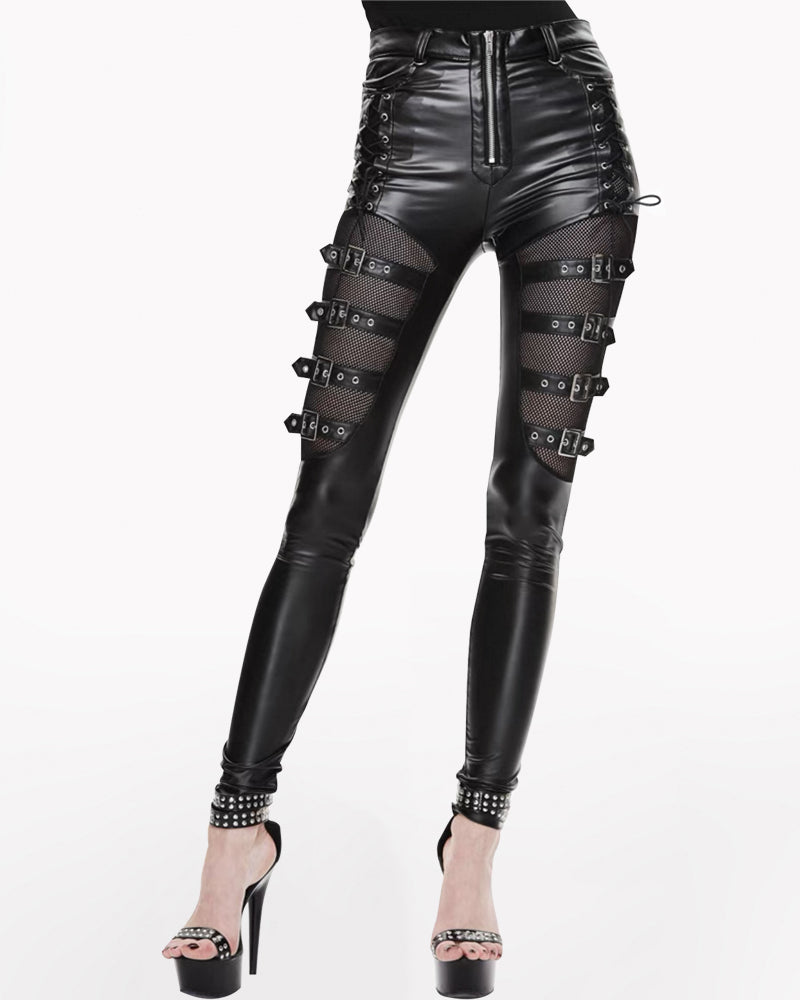 Punk Rock Biker Leather Women Hollow Mesh Pants