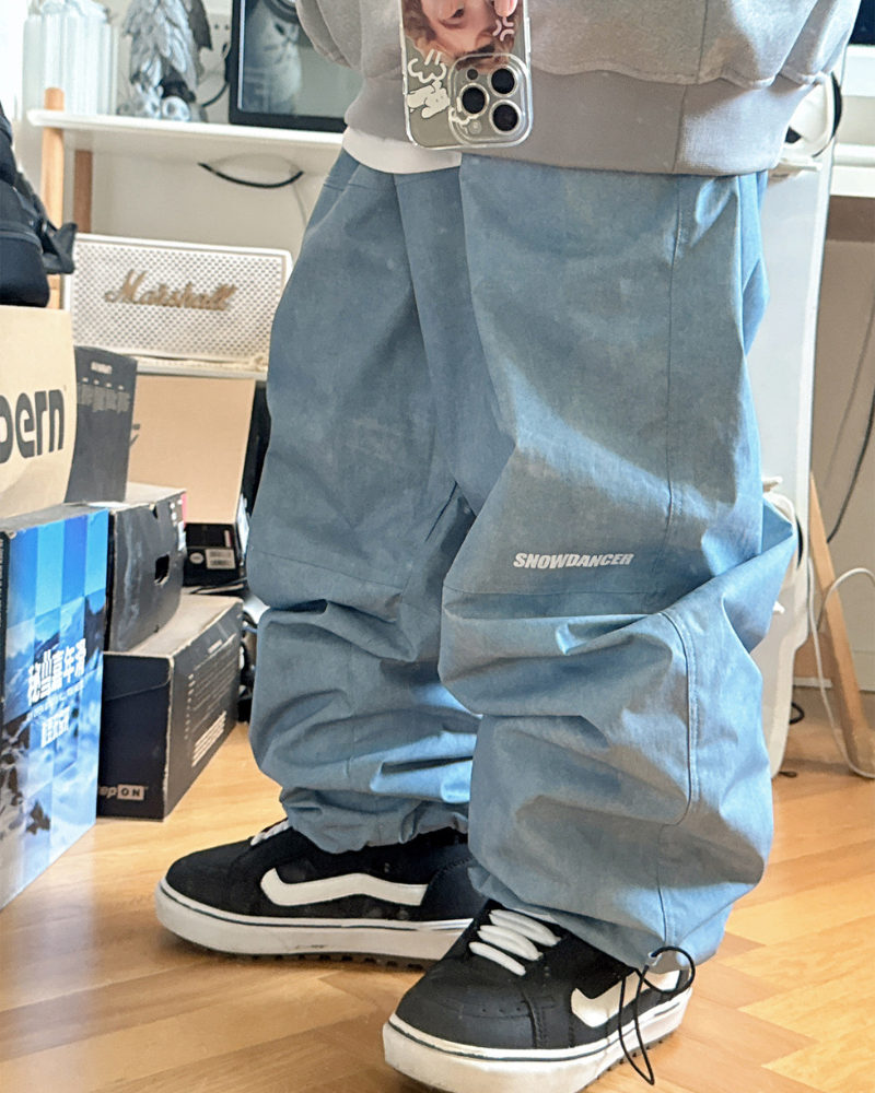 Ski Wear Fleece-Lined Denim Look Baggy Snow Pants -Unisex
