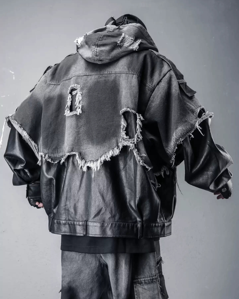 Street Distressed Fringe PU-Denim Tech Hooded Jacket