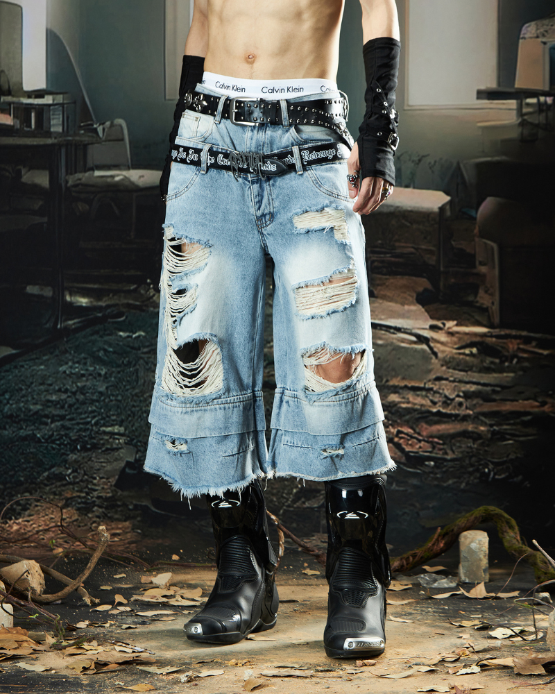 Street Unisex Double Waist Ripped Baggy Jorts