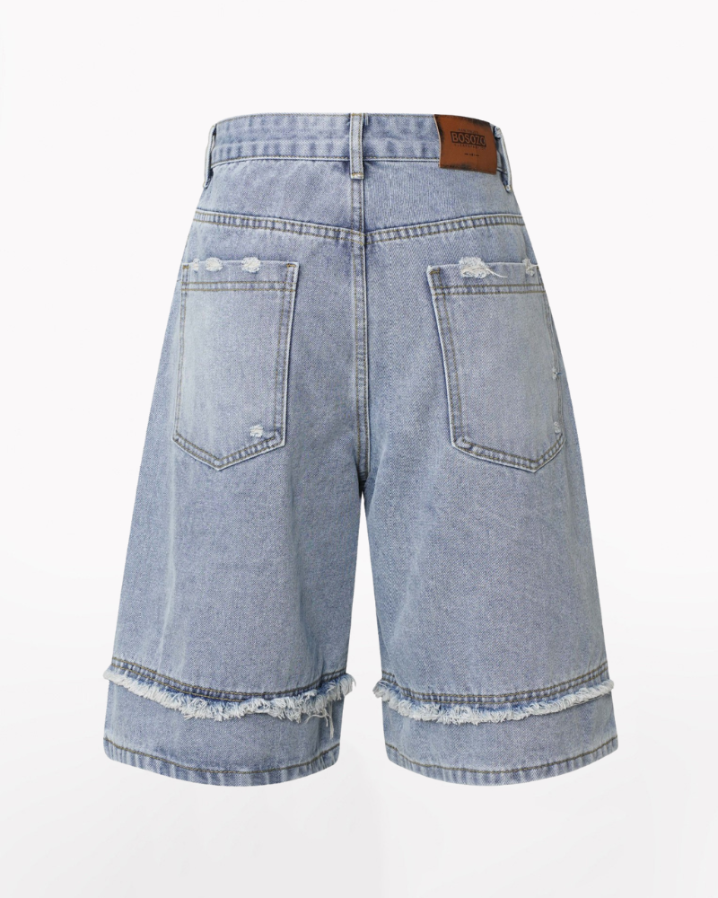 Street Unisex Washed Patchwork Whisker Baggy Jorts