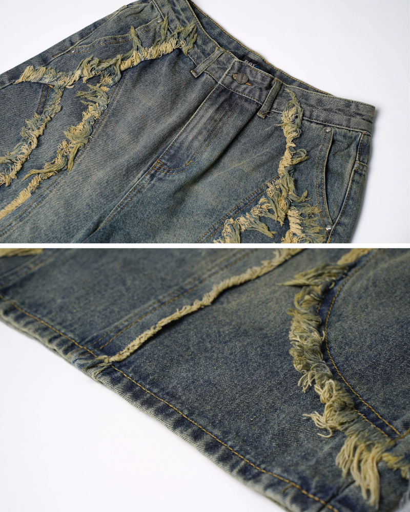 Street Unisex Washed Patchwork Whisker Baggy Jorts