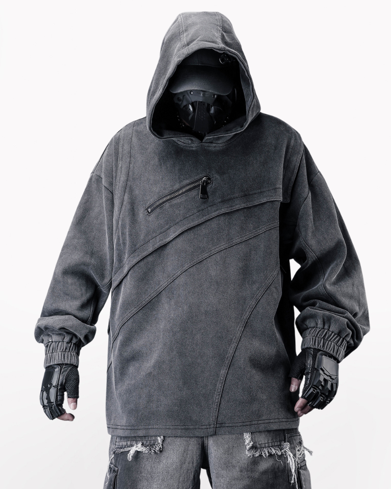 Street Vintage-Wash Patchwork Techwear Hoodie