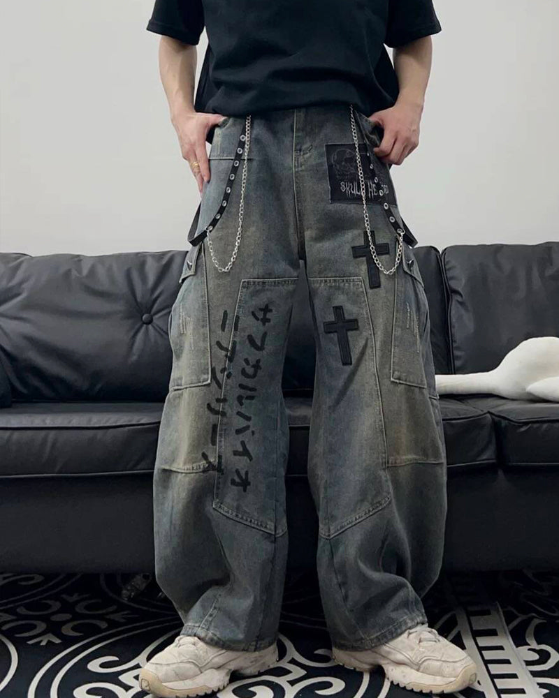 Street Washed Chains Denim Pants | Y2K Jeans