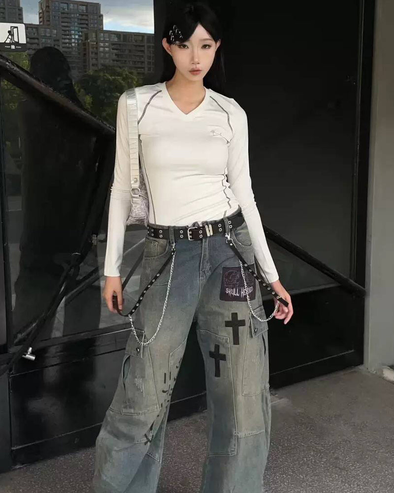 Street Washed Chains Denim Pants | Y2K Jeans