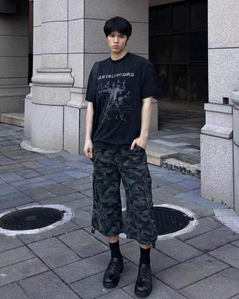 Street Deconstructed Washed Cargo Camo Jorts