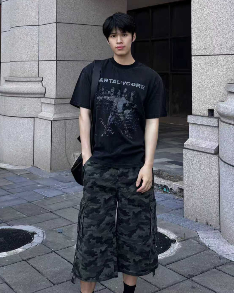 Street Deconstructed Washed Cargo Camo Jorts