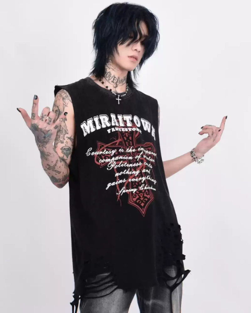 Street Distressed Washed Raw-Hem Sleeveless Shirt