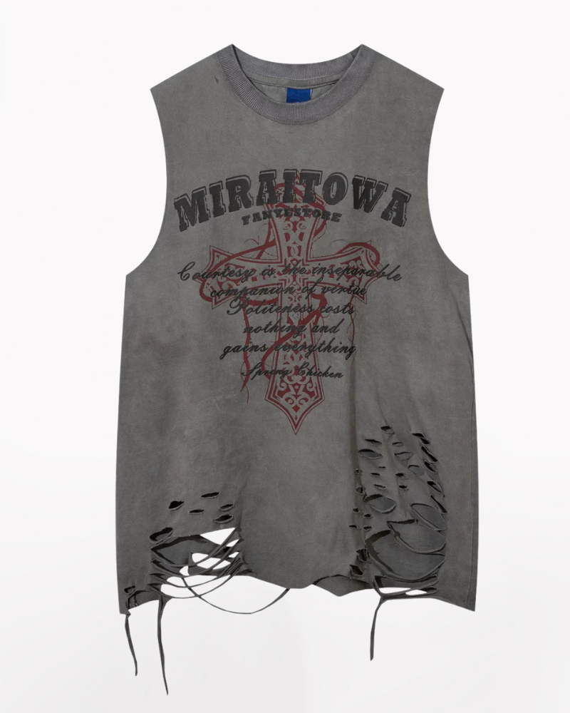 Street Distressed Washed Raw-Hem Sleeveless Shirt
