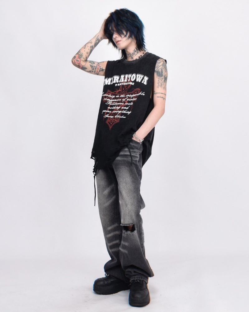 Street Distressed Washed Raw-Hem Sleeveless Shirt